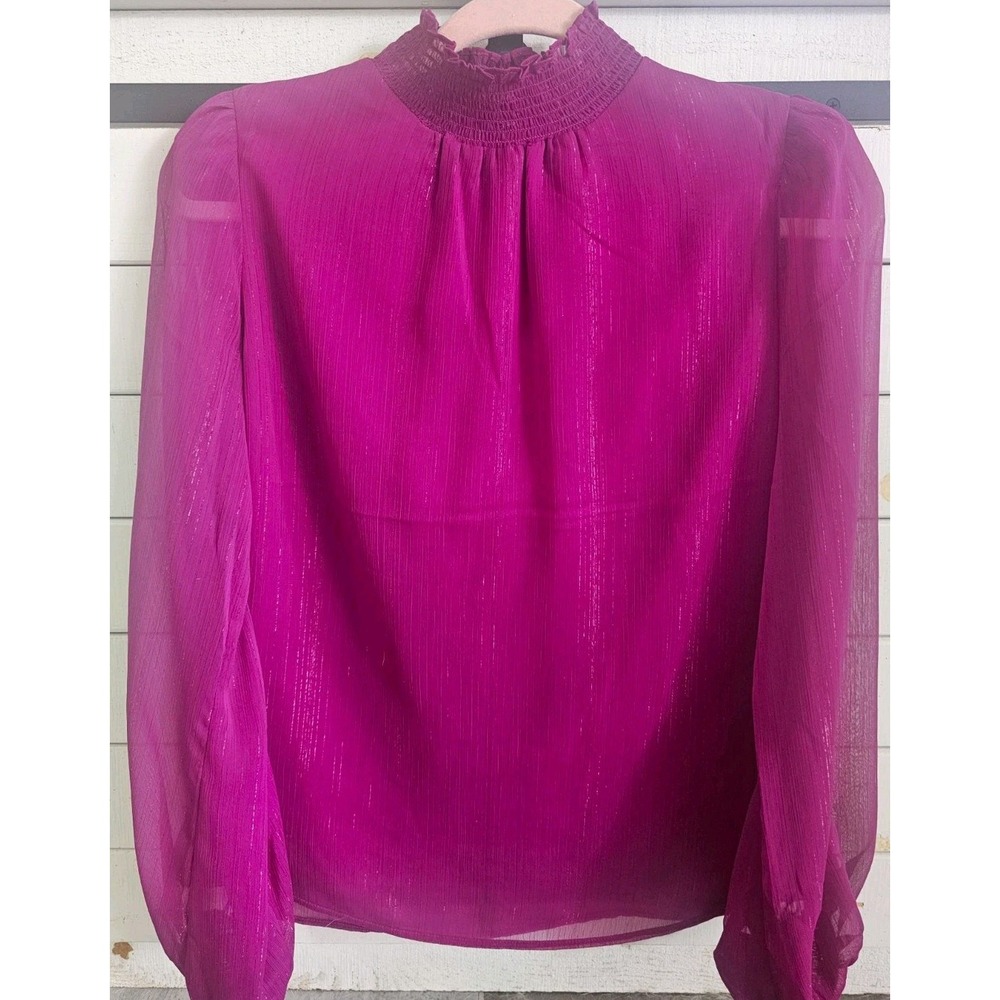 Express Purple Chiffon Blouse Smocked Mock Neck Puff Long Sleeve Zip S